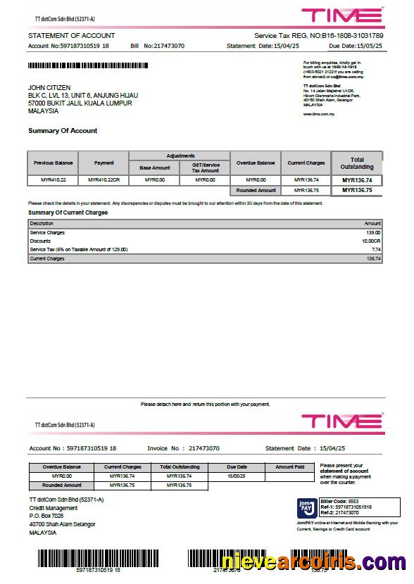 Malaysia Time utility bill